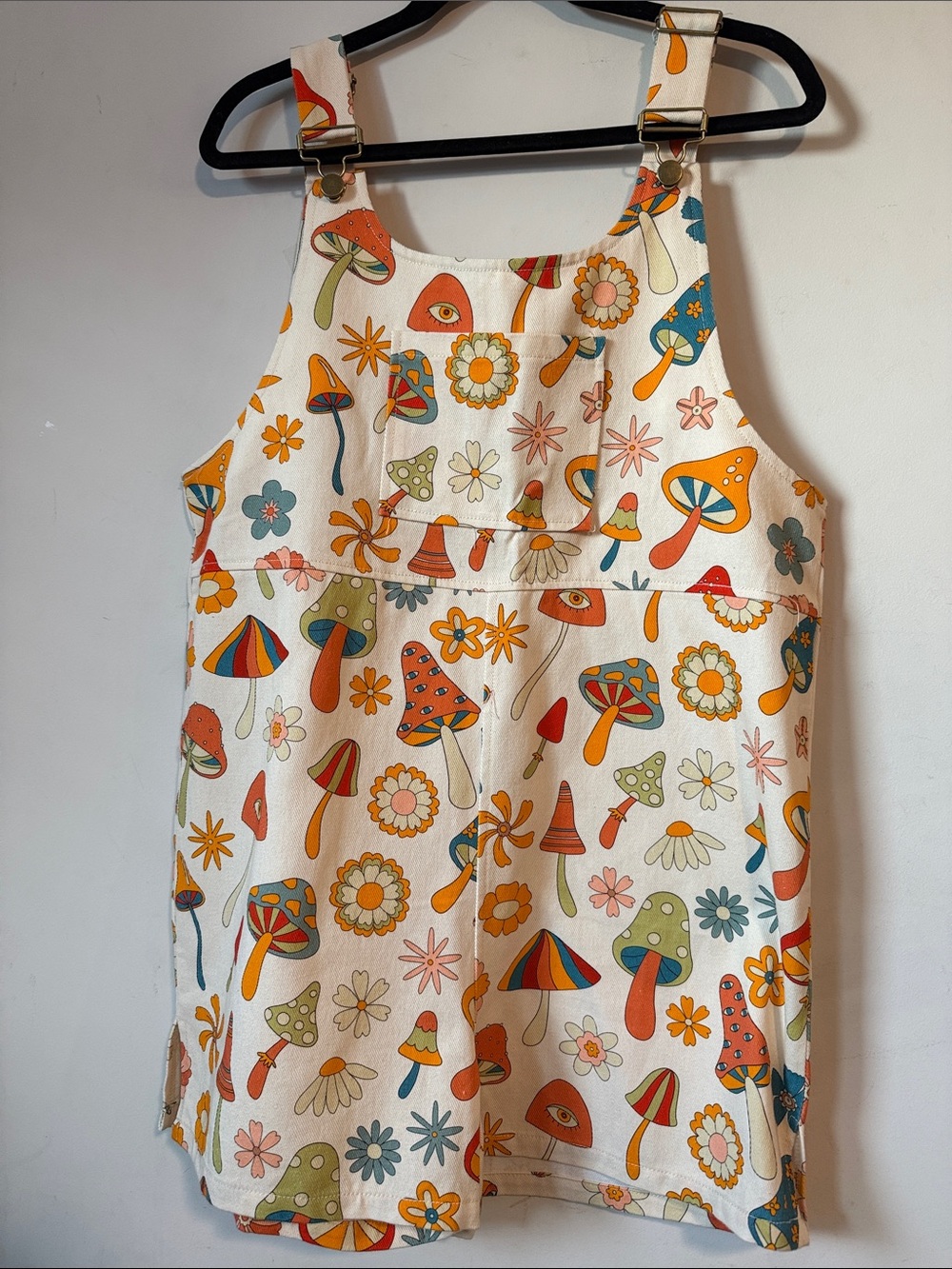 Mushroom Print Cotton Pinafore Dress - Cream Base with Orange & Blue Accents